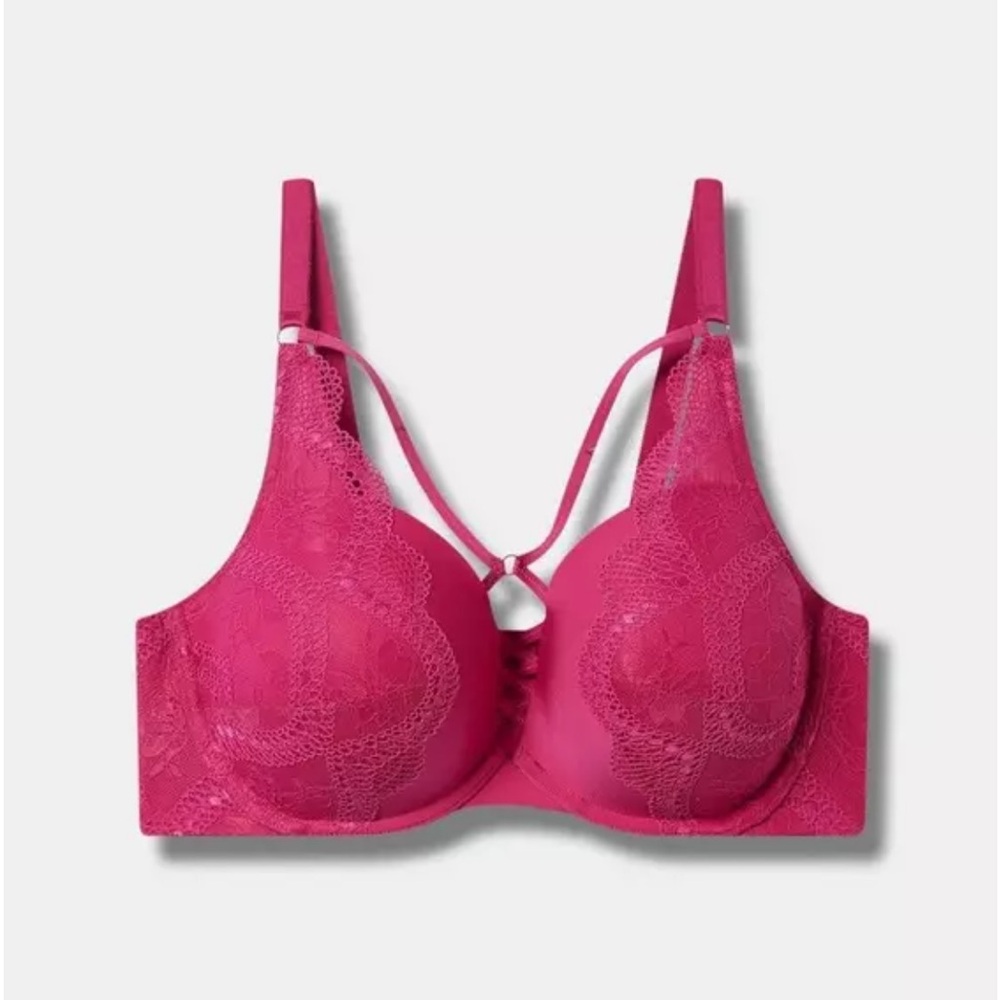 Torrid Curve XO Plunge Push-Up Bra in fuchsia pink lace knit fabric 46C